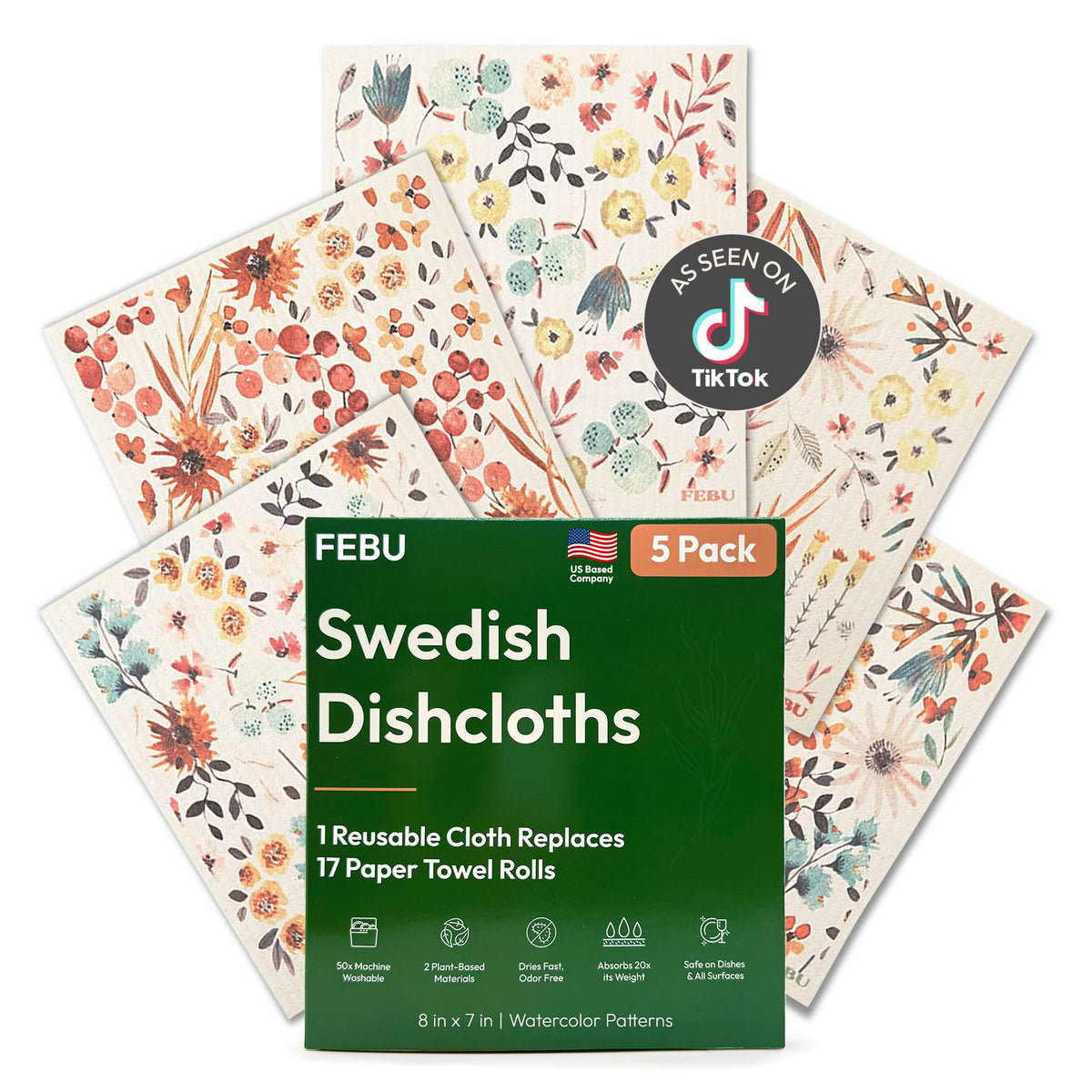 FEBU Swedish Dishcloths for Kitchen, 5 Pack, Italian Summer