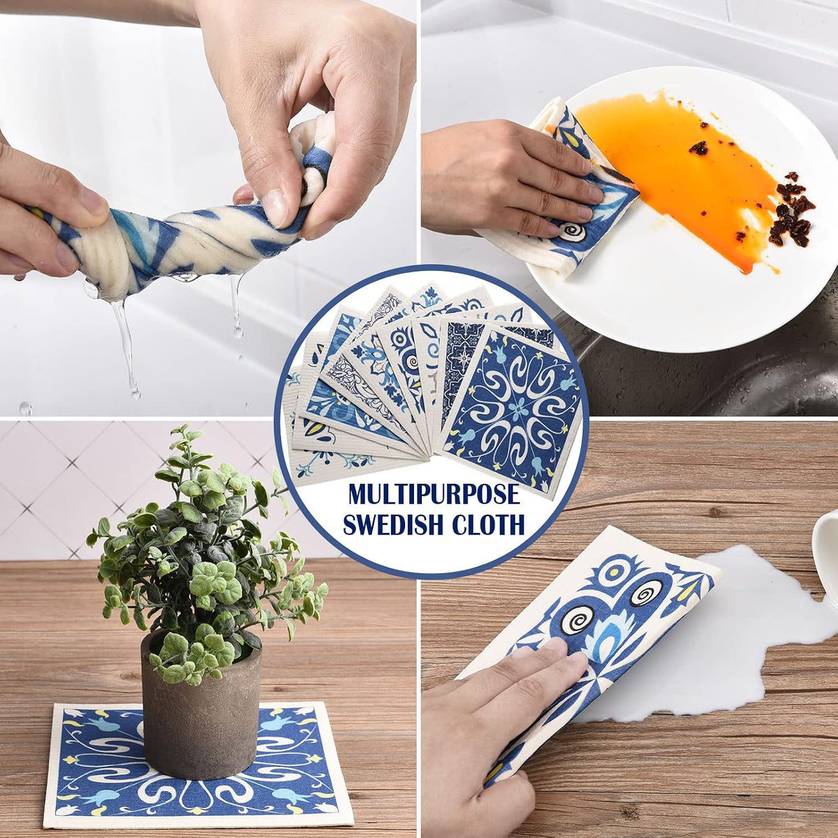 WILLBOND 9 Pcs Blue Swedish Kitchen Dishcloths Reusable Hand Towels