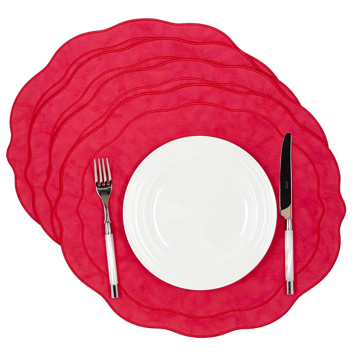 Embroidered Scalloped Faux Leather Wipeable Placemats Set of 4, Green