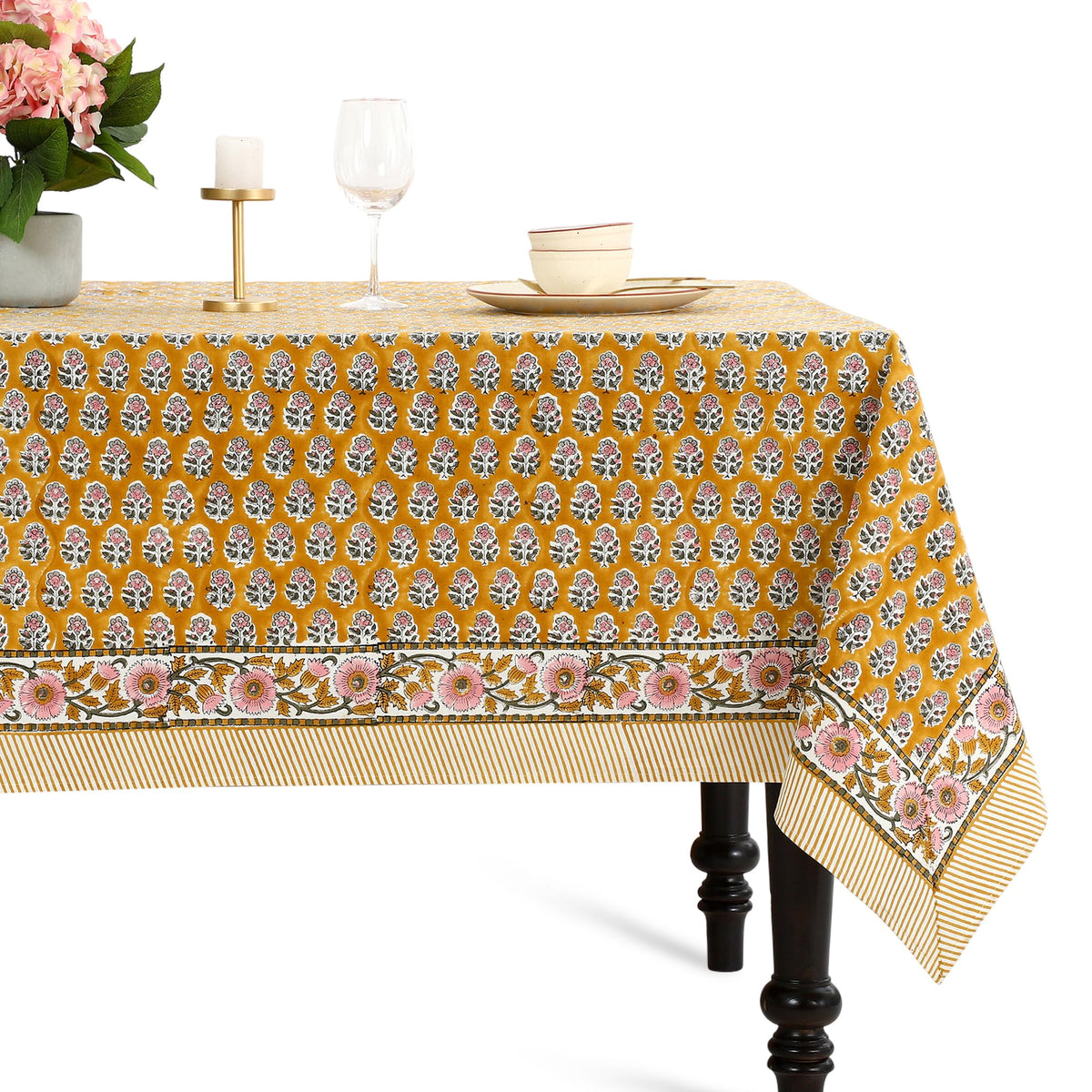 CPC Apatite Blue Block Print 100% Cotton Rectangle Tablecloth 60x60 Inch