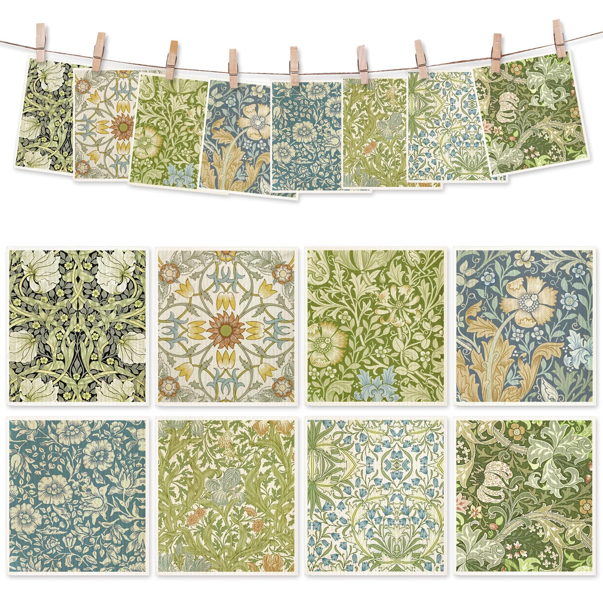 8 Packs Foliage Swedish Dishcloths, Blue Green Floral, 7 x 8 Inch