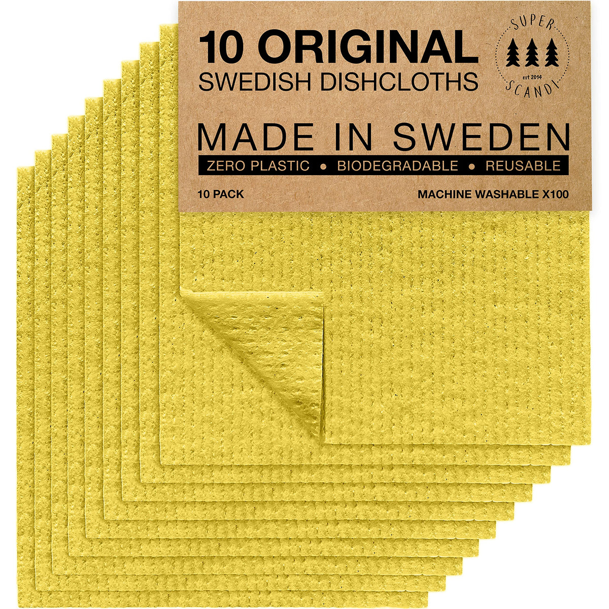 SUPERSCANDI 10 Pack Swedish Dishcloths for Kitchen - 100% Biodegradable & Compostable | Reusable Paper Towels Washable, Food-Safe & Without Plastic - Dish Rags Suitable for Any Surface | Multicolor