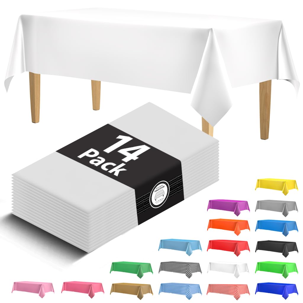 14 Pack Black 54 x 108 in. Rectangle Disposable Plastic Tablecloths - Smooth Decorative Covers for Parties, Weddings