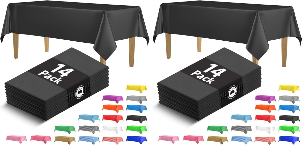14 Pack Black 54 x 108 in. Rectangle Disposable Plastic Tablecloths - Smooth Decorative Covers for Parties, Weddings