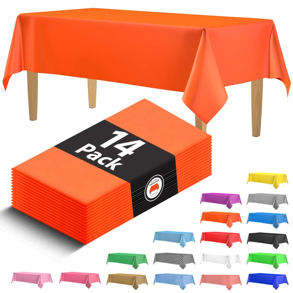 14 Pack Black 54 x 108 in. Rectangle Disposable Plastic Tablecloths - Smooth Decorative Covers for Parties, Weddings