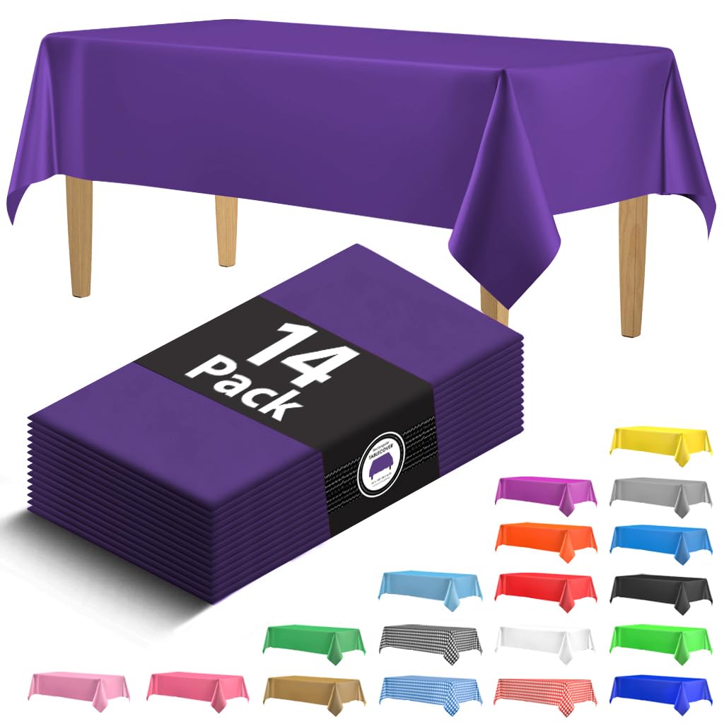 14 Pack Black 54 x 108 in. Rectangle Disposable Plastic Tablecloths - Smooth Decorative Covers for Parties, Weddings