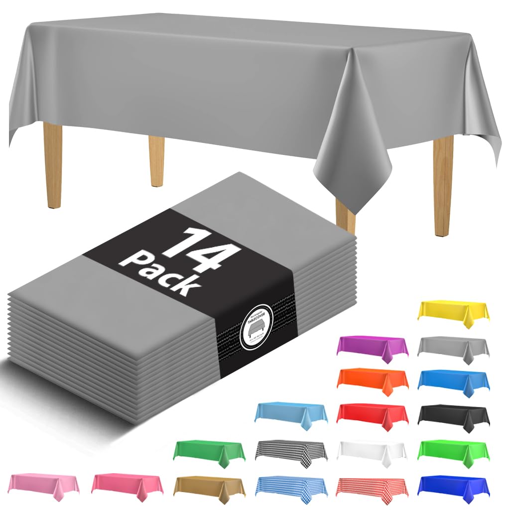 14 Pack Black 54 x 108 in. Rectangle Disposable Plastic Tablecloths - Smooth Decorative Covers for Parties, Weddings