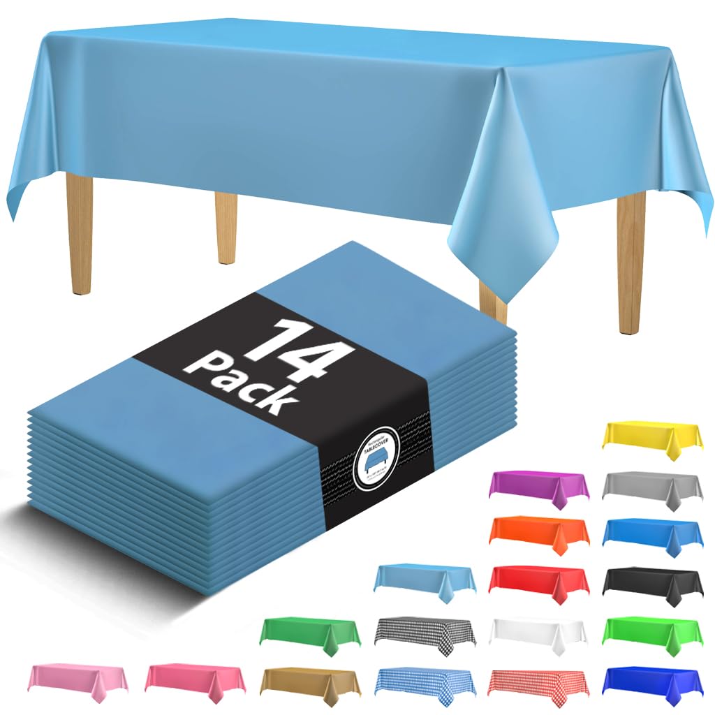 14 Pack Black 54 x 108 in. Rectangle Disposable Plastic Tablecloths - Smooth Decorative Covers for Parties, Weddings