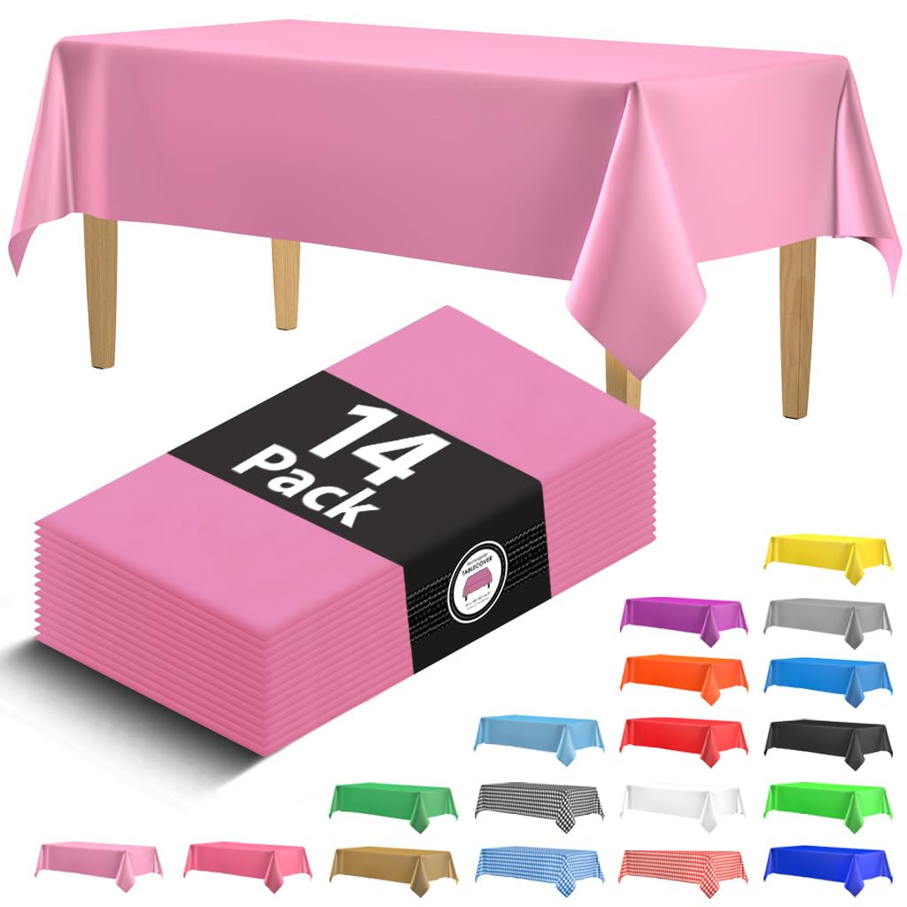 14 Pack Black 54 x 108 in. Rectangle Disposable Plastic Tablecloths - Smooth Decorative Covers for Parties, Weddings