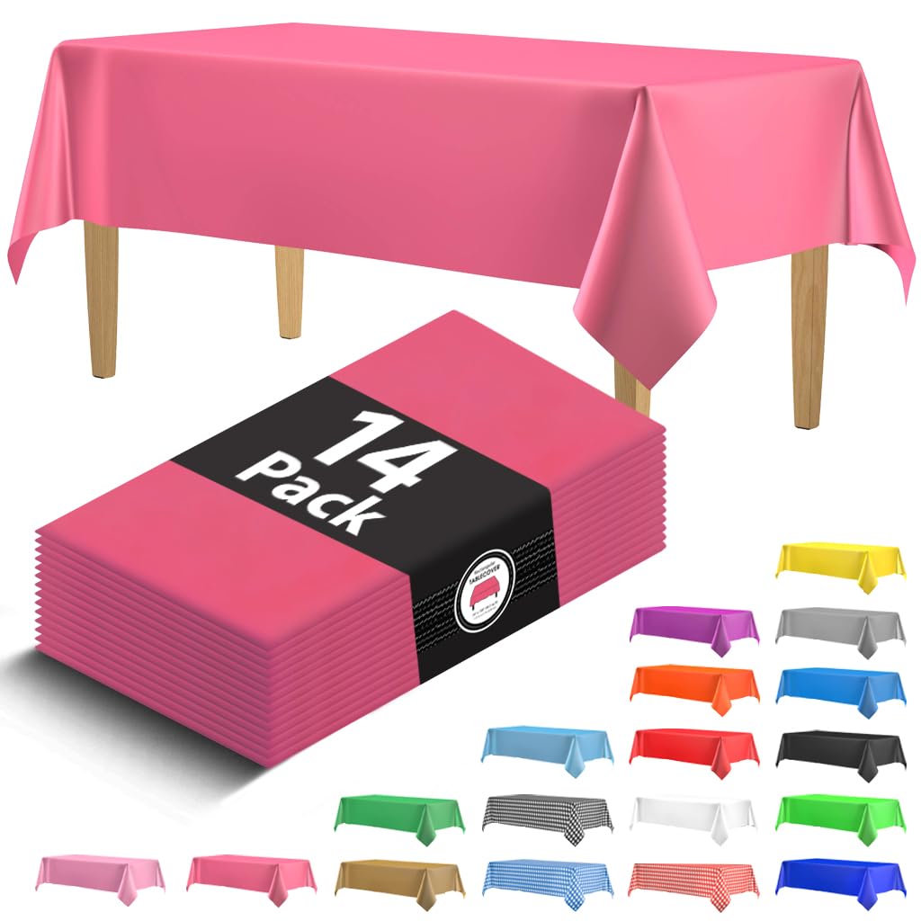14 Pack Black 54 x 108 in. Rectangle Disposable Plastic Tablecloths - Smooth Decorative Covers for Parties, Weddings