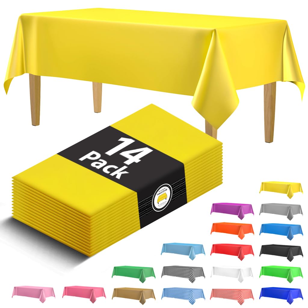14 Pack Black 54 x 108 in. Rectangle Disposable Plastic Tablecloths - Smooth Decorative Covers for Parties, Weddings