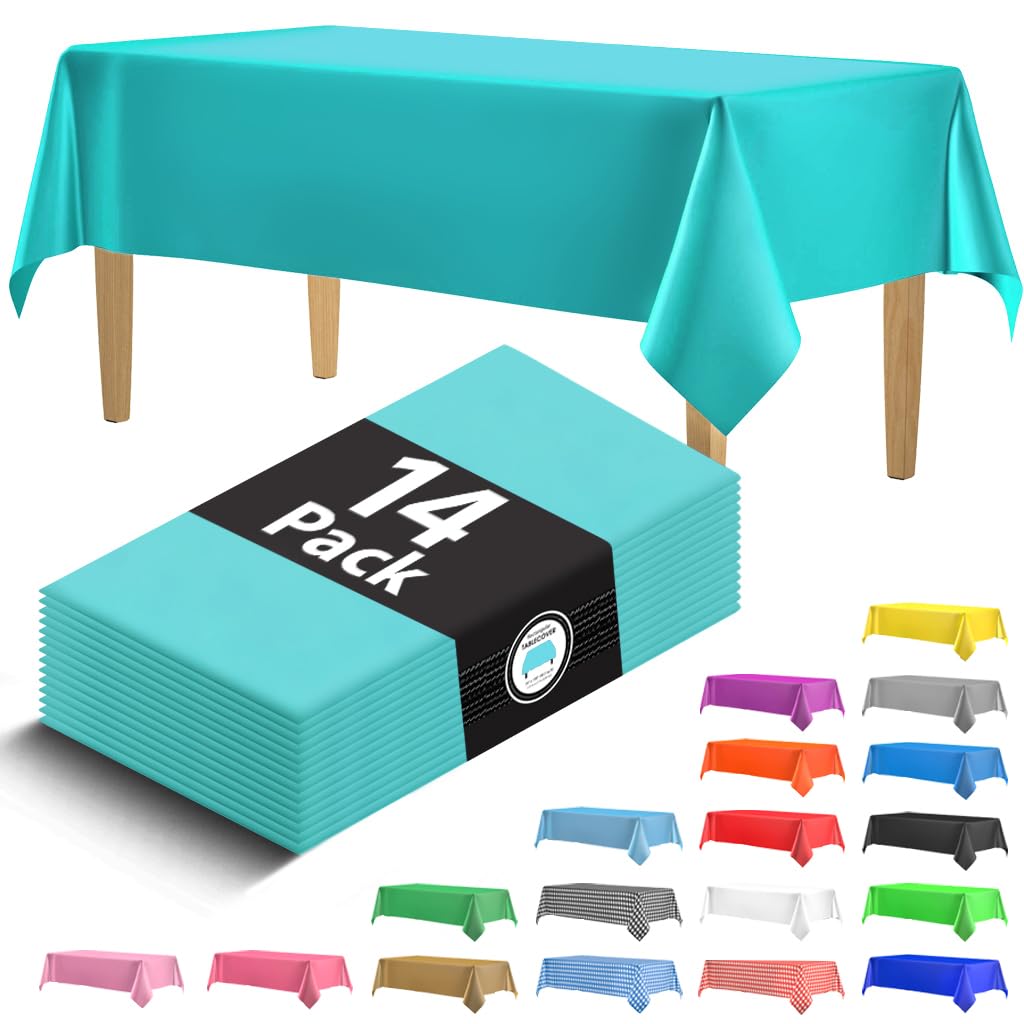 14 Pack Black 54 x 108 in. Rectangle Disposable Plastic Tablecloths - Smooth Decorative Covers for Parties, Weddings