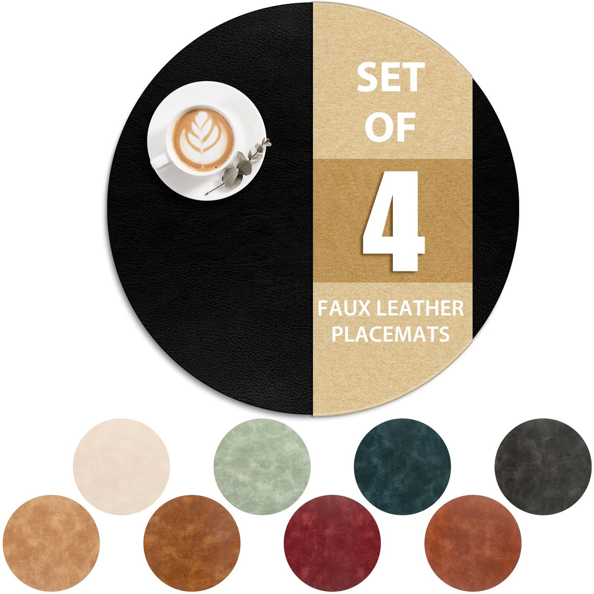 ADRIMER Oval Placemats Set of 4, Wipeable Faux Leather, 4 Colors