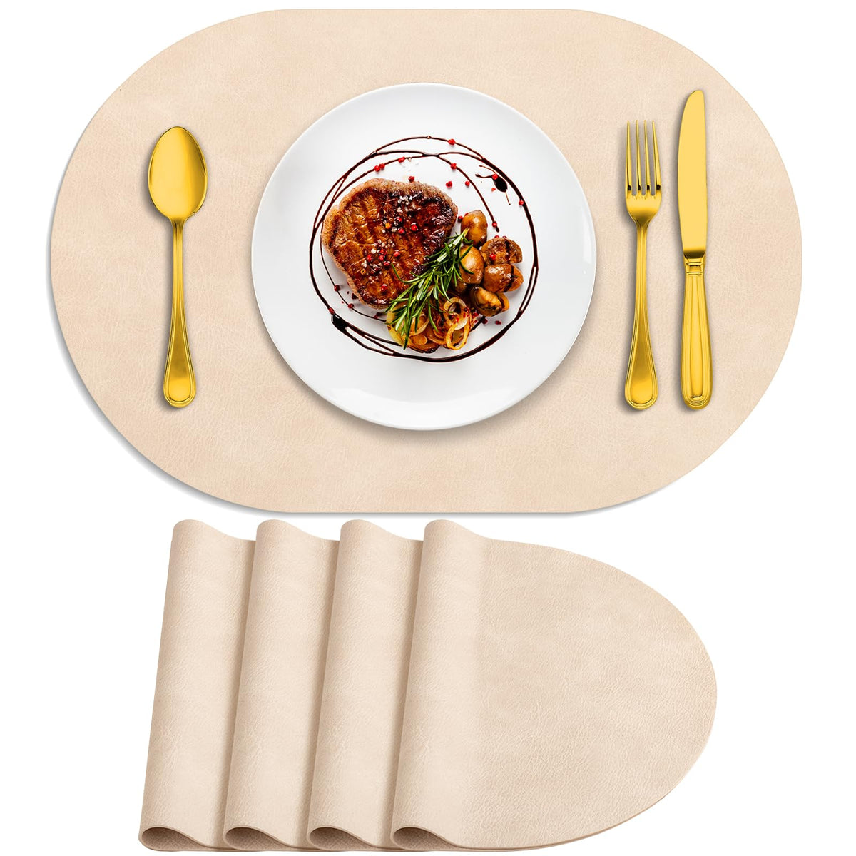 ADRIMER Oval Placemats Set of 4, Wipeable Faux Leather, 4 Colors