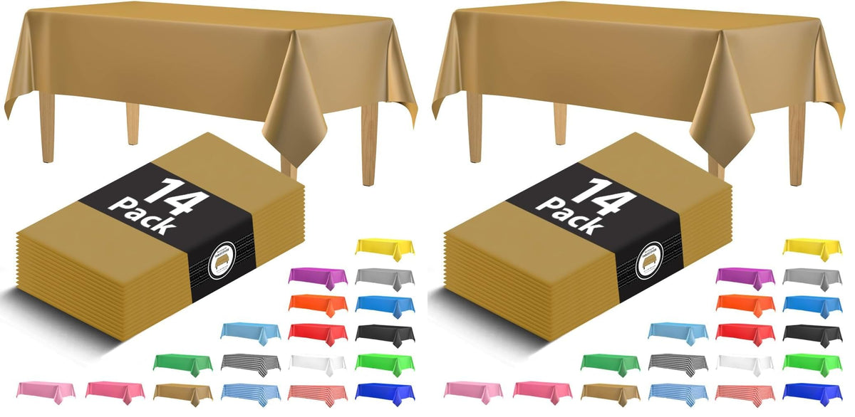 14 Pack Black 54 x 108 in. Rectangle Disposable Plastic Tablecloths - Smooth Decorative Covers for Parties, Weddings
