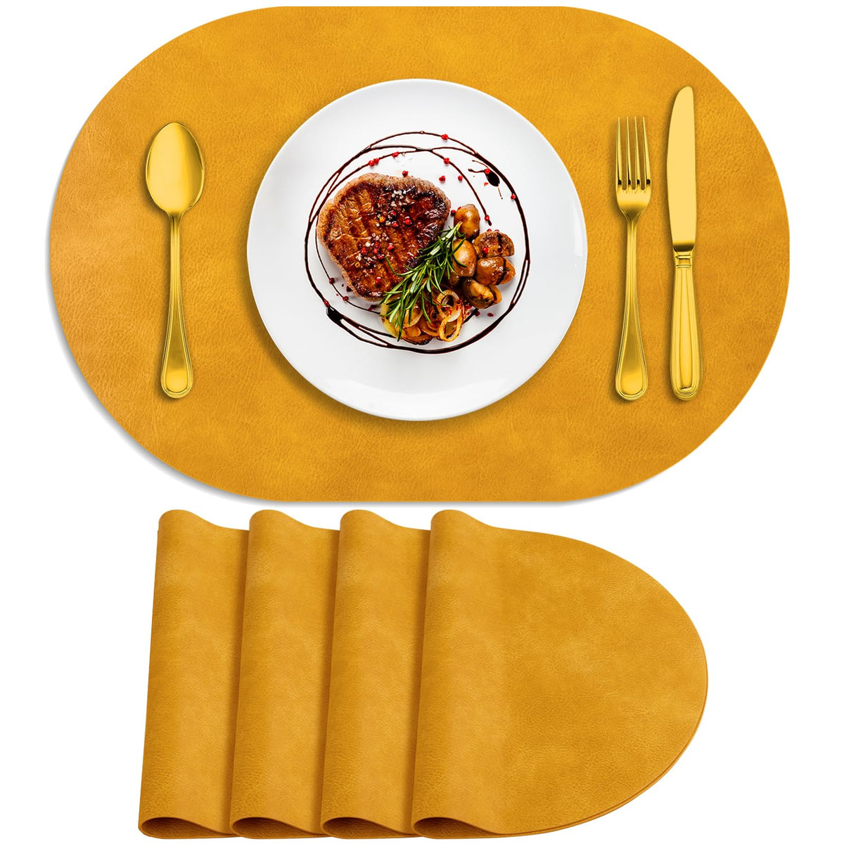ADRIMER Oval Placemats Set of 4, Wipeable Faux Leather, 4 Colors