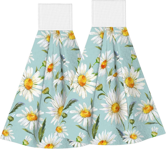 2Pcs Rustic White Daisy Flower Kitchen Hand Towels Watercolor Floral Hanging Tie Towels with Loop & Hook Soft Vintage Flowers Teal Dishcloths for Bathroom Washroom Guestroom Hotel