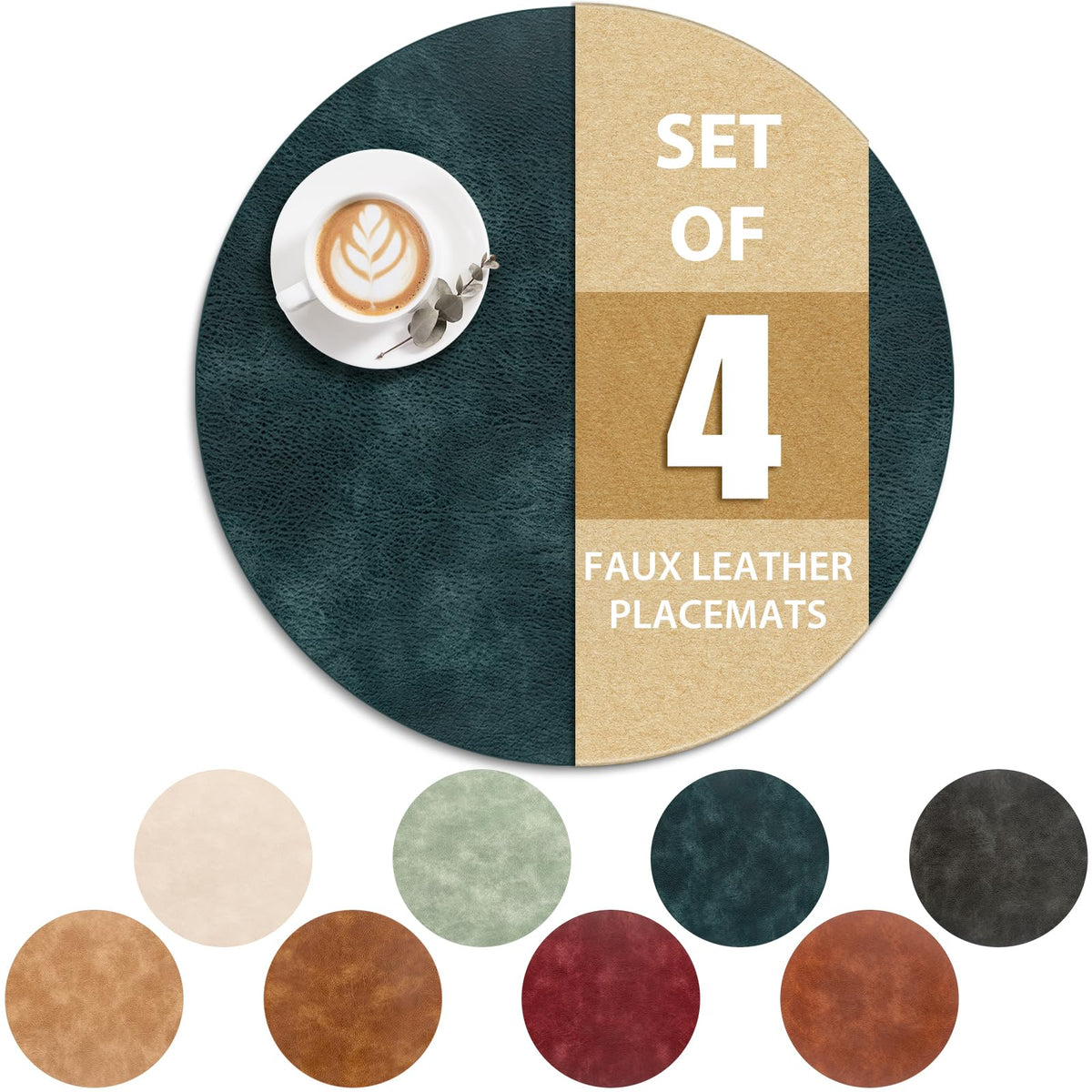 ADRIMER Oval Placemats Set of 4, Wipeable Faux Leather, 4 Colors