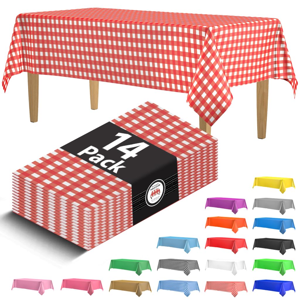 14 Pack Black 54 x 108 in. Rectangle Disposable Plastic Tablecloths - Smooth Decorative Covers for Parties, Weddings