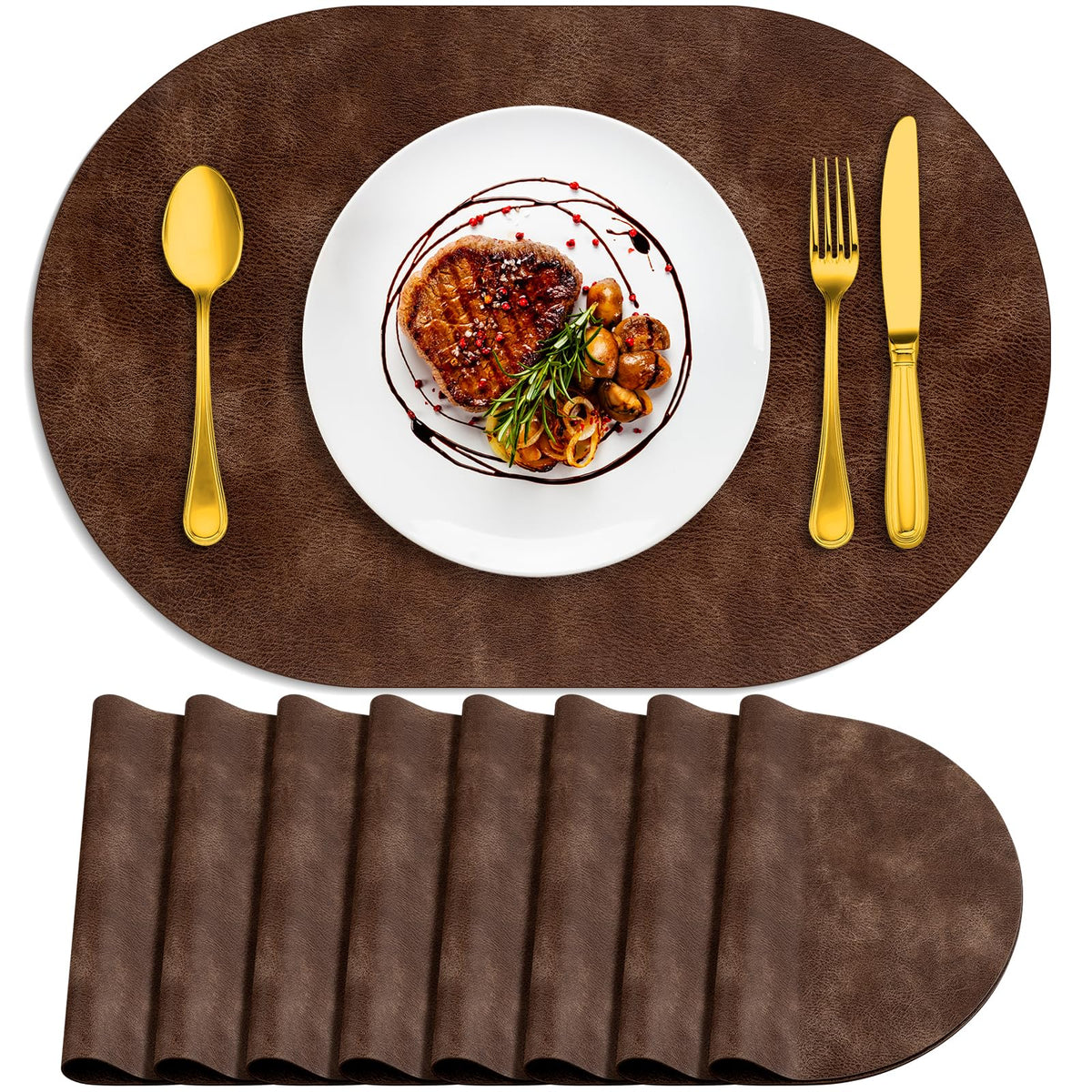 ADRIMER Oval Placemats Set of 4, Wipeable Faux Leather, 4 Colors