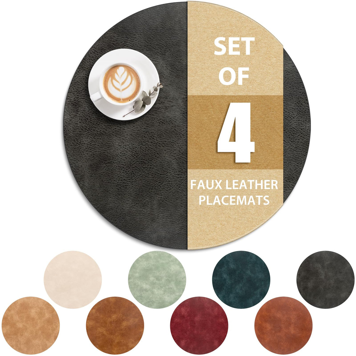 ADRIMER Oval Placemats Set of 4, Wipeable Faux Leather, 4 Colors