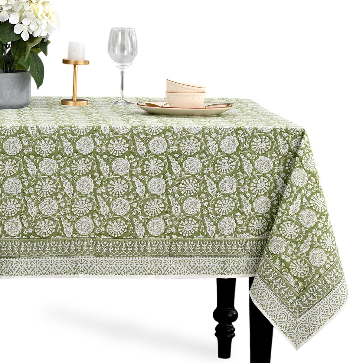CPC Apatite Blue Block Print 100% Cotton Rectangle Tablecloth 60x60 Inch