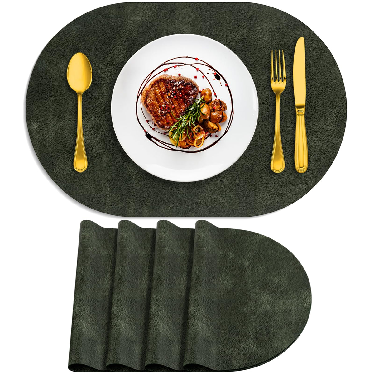 ADRIMER Oval Placemats Set of 4, Wipeable Faux Leather, 4 Colors
