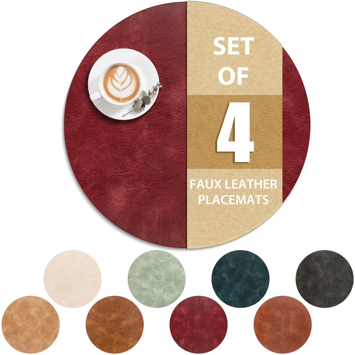 ADRIMER Oval Placemats Set of 4, Wipeable Faux Leather, 4 Colors
