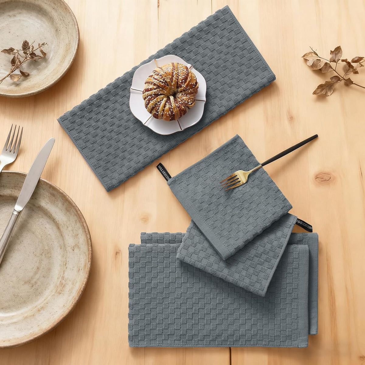 Homaxy 8 Pack 100% Cotton Kitchen Towels and Dishcloths Set, Dark Grey