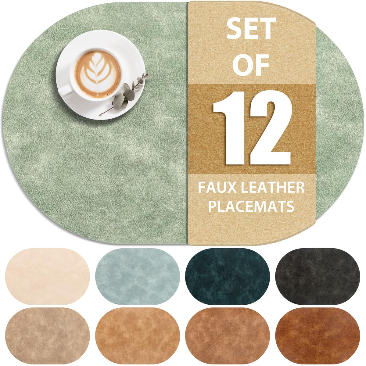 ADRIMER Oval Placemats Set of 4, Wipeable Faux Leather, 4 Colors