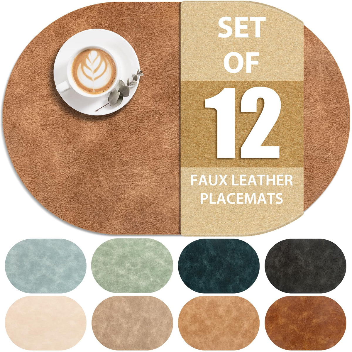 ADRIMER Oval Placemats Set of 4, Wipeable Faux Leather, 4 Colors