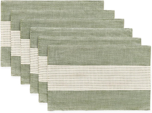 Wracra Linen Placemats, 12 x 18 Inch Set of 6 Placemats, Farmhouse Macrame Place Mats for Kitchen Table and Heat Resistant-Hemstitch Sage Green 6PCS
