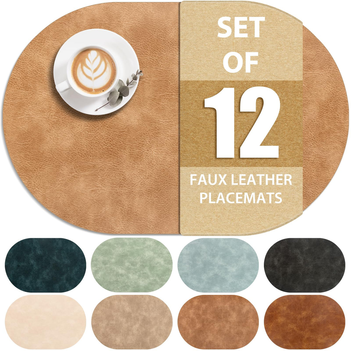 ADRIMER Oval Placemats Set of 4, Wipeable Faux Leather, 4 Colors
