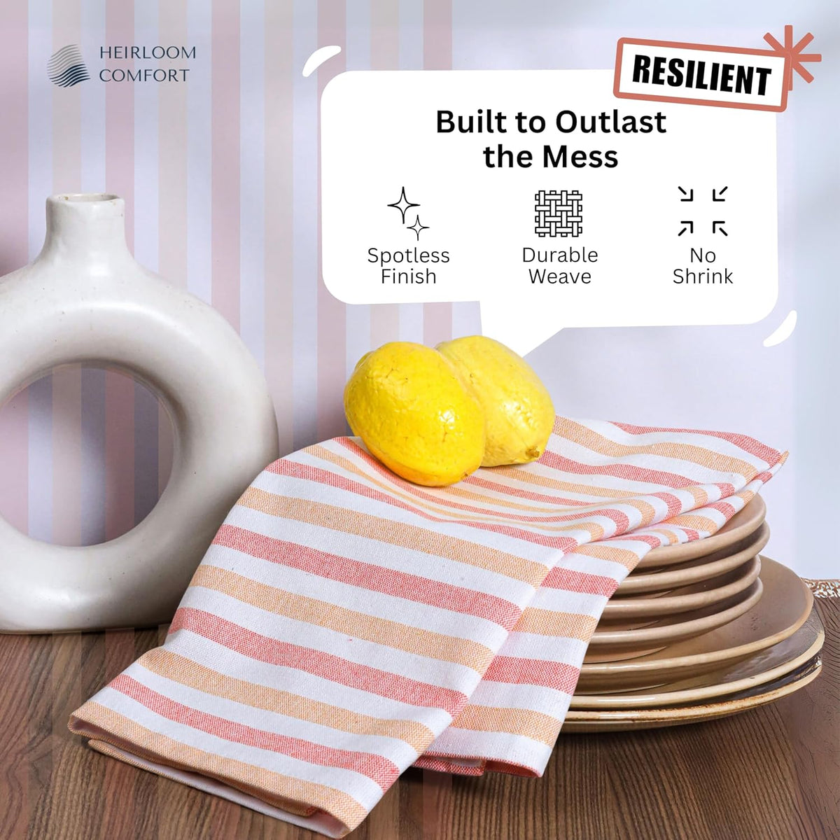 Fiesta Stripe Kitchen Towels 12 Pack, 18x26 Inch, 100% Cotton, Super Absorbent & Quick Dry, Durable Dish Towel for Drying Dishes, Machine Washable, Everyday Use, Orange & Yellow