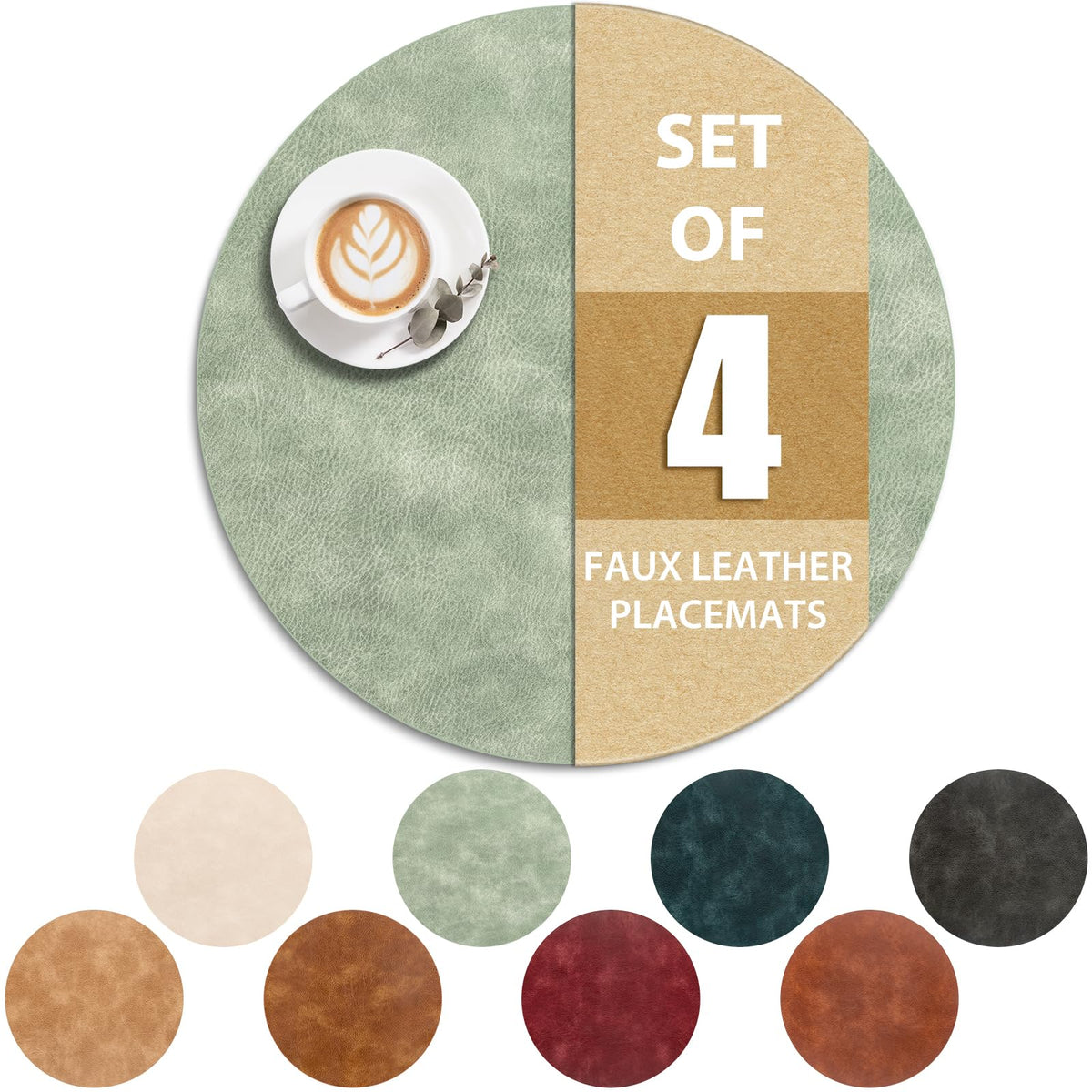 ADRIMER Oval Placemats Set of 4, Wipeable Faux Leather, 4 Colors