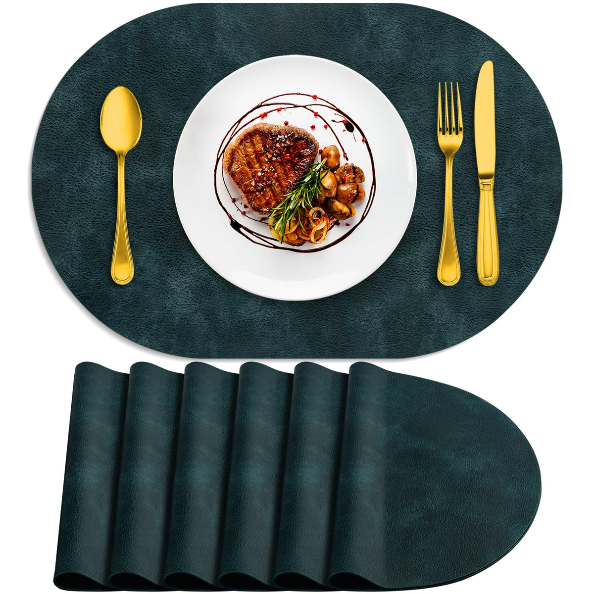 ADRIMER Oval Placemats Set of 4, Wipeable Faux Leather, 4 Colors
