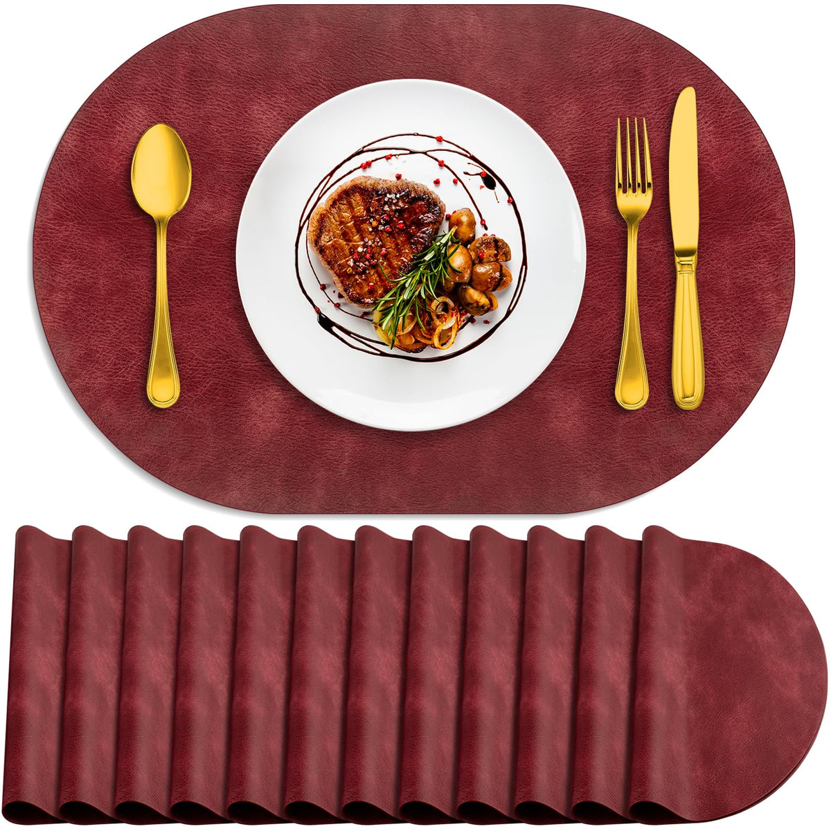 ADRIMER Oval Placemats Set of 4, Wipeable Faux Leather, 4 Colors