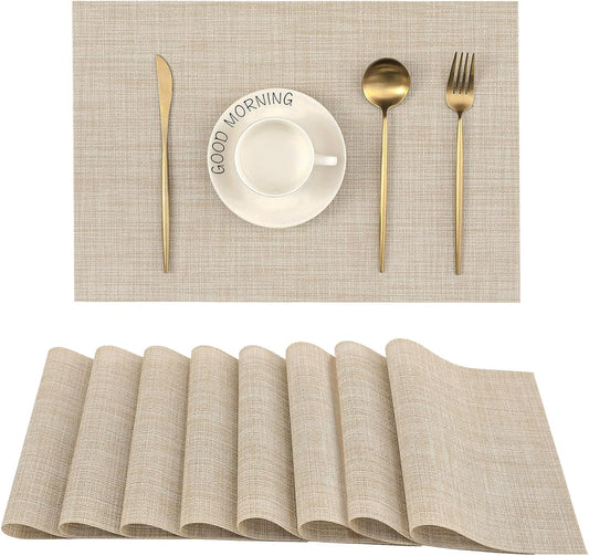 Woven Vinyl Beige Placemats Set of 8 - Linen Look & Easy to Clean