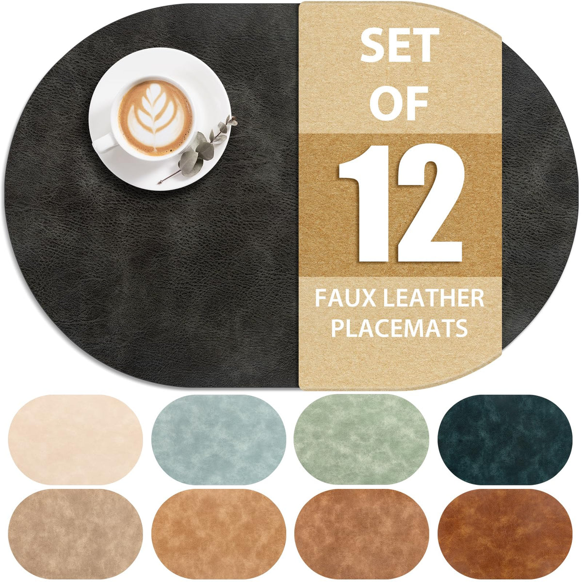 ADRIMER Oval Placemats Set of 4, Wipeable Faux Leather, 4 Colors