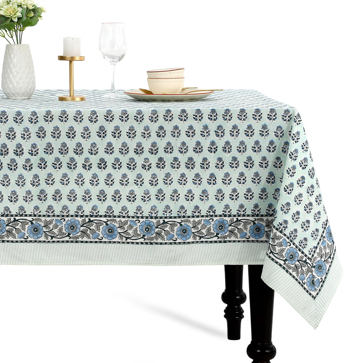 CPC Apatite Blue Block Print 100% Cotton Rectangle Tablecloth 60x60 Inch
