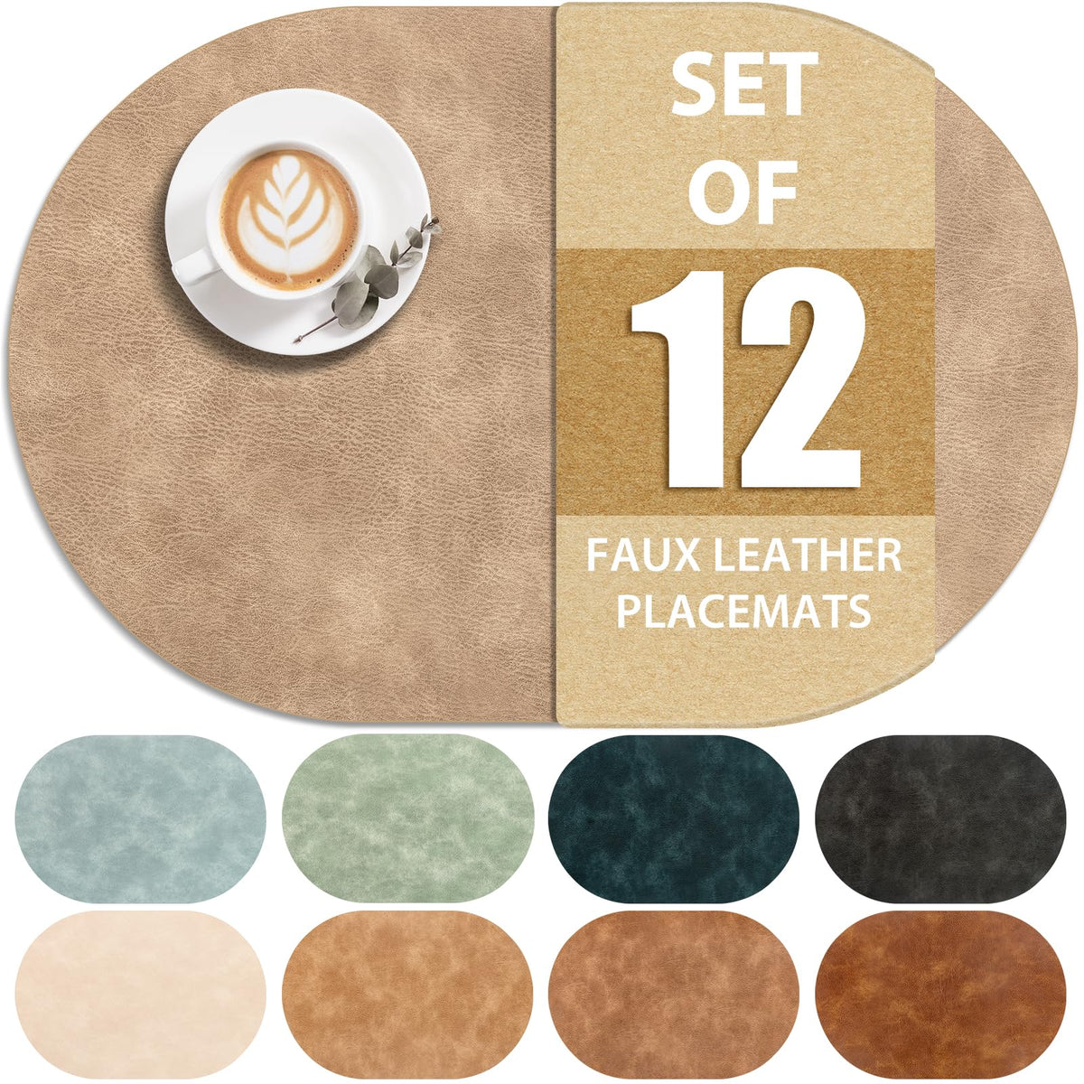 ADRIMER Oval Placemats Set of 4, Wipeable Faux Leather, 4 Colors