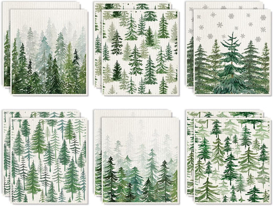 12Pcs Christmas Swedish Dishcloth Cotton Kitchen Towel Watercolor Xmas Pine Forest Snowflake Absorbent Dish Towels for Winter Home Party Housewarming Cleaning, 7 x 8 Inch