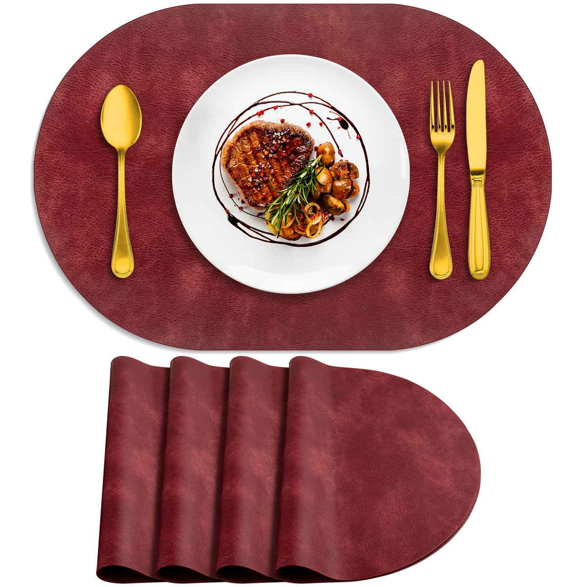 ADRIMER Oval Placemats Set of 4, Wipeable Faux Leather, 4 Colors