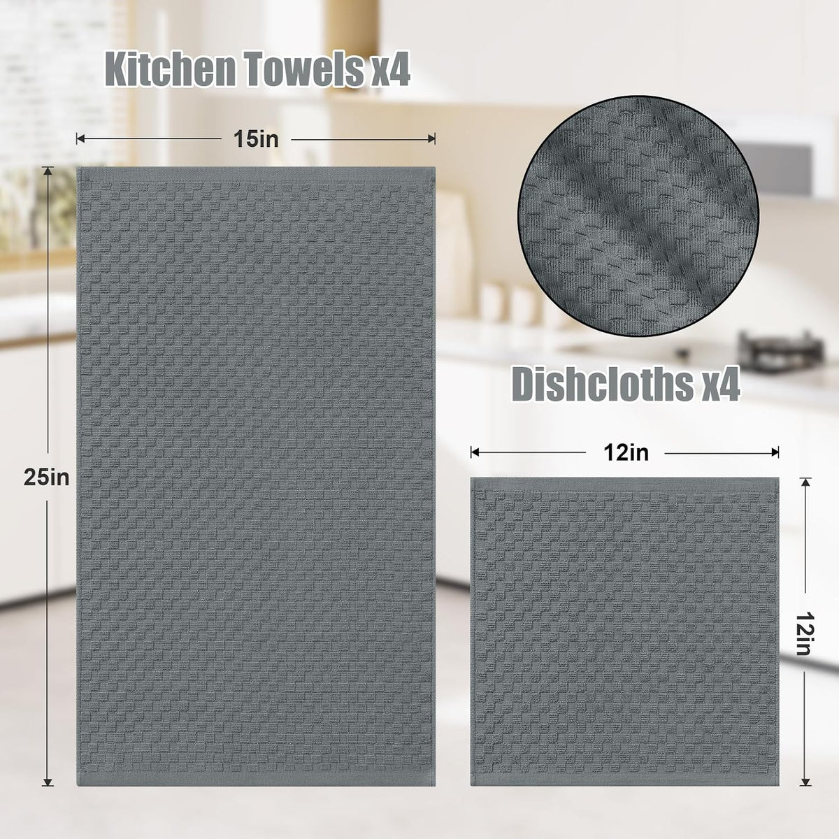 Homaxy 8 Pack 100% Cotton Kitchen Towels and Dishcloths Set, Dark Grey