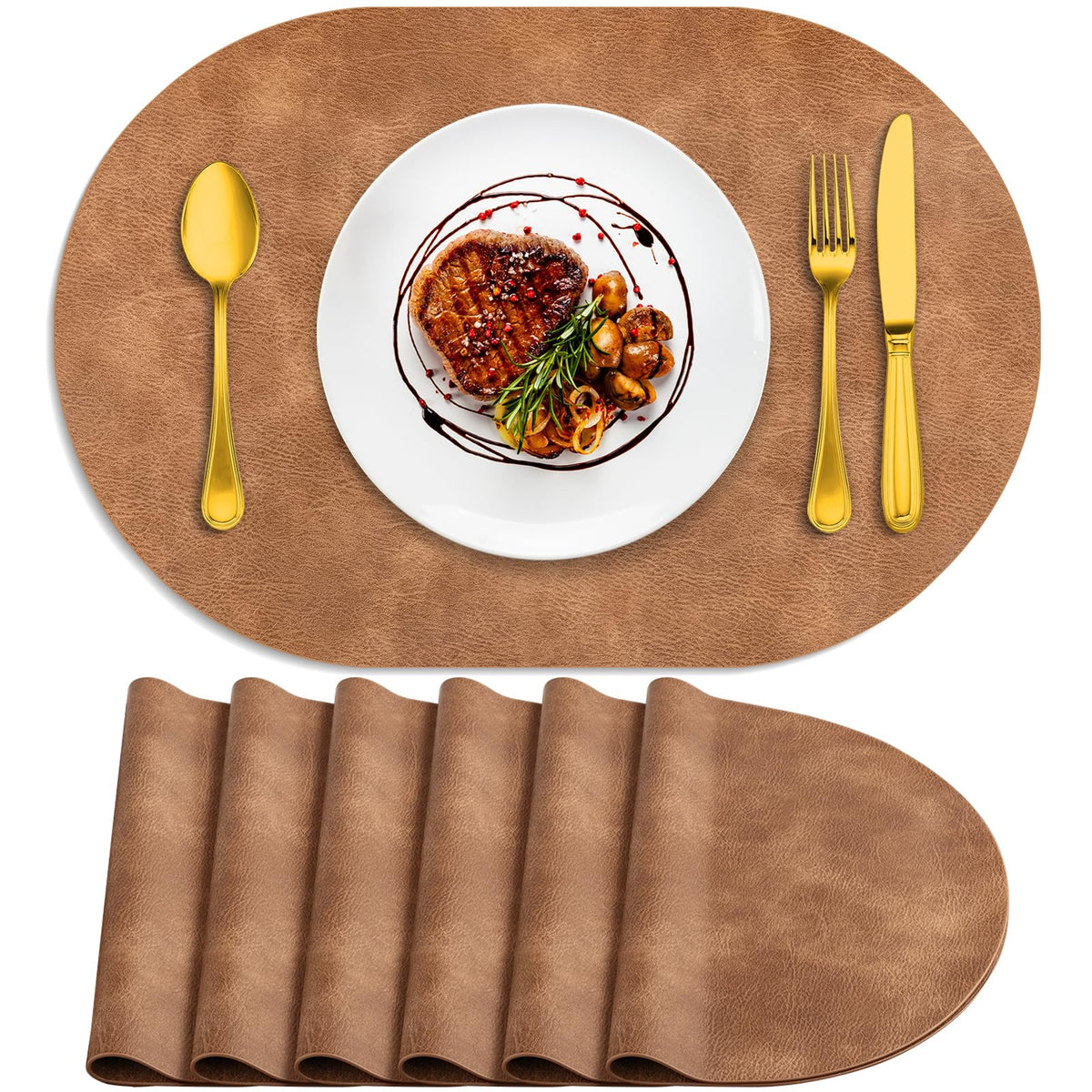 ADRIMER Oval Placemats Set of 4, Wipeable Faux Leather, 4 Colors