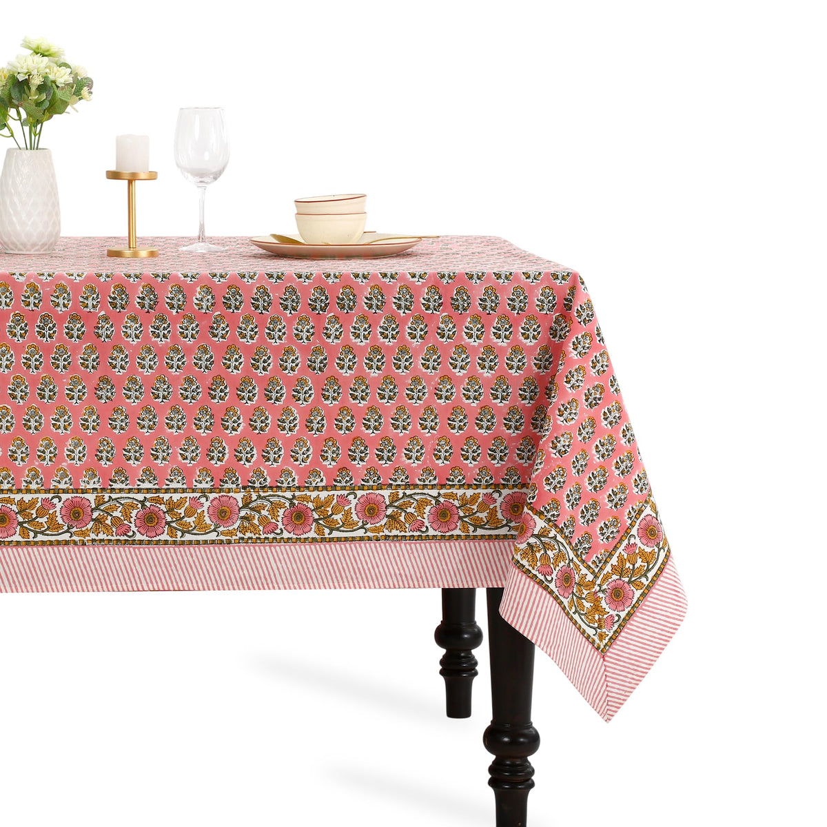CPC Apatite Blue Block Print 100% Cotton Rectangle Tablecloth 60x60 Inch
