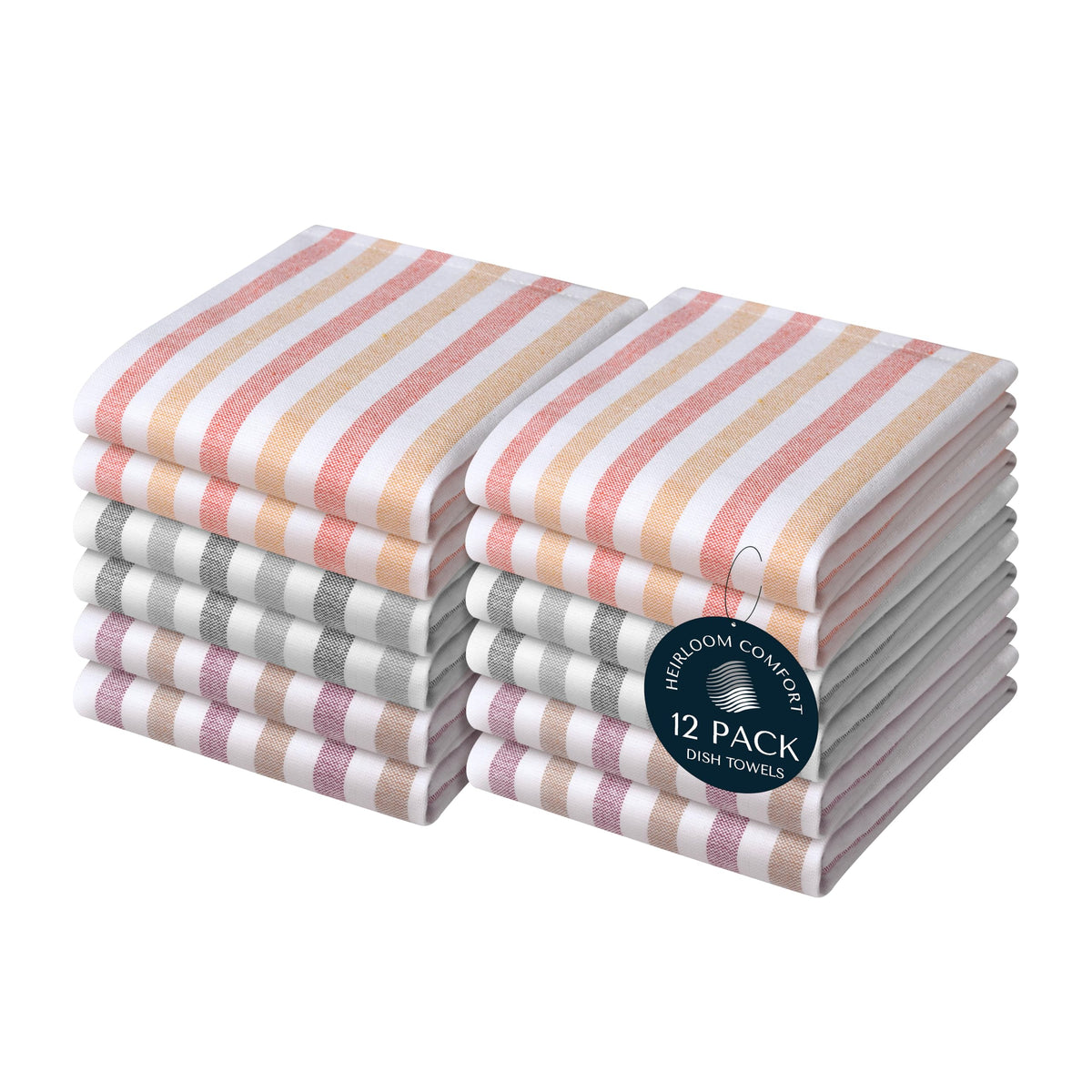 Fiesta Stripe Kitchen Towels 12 Pack, 18x26 Inch, 100% Cotton, Super Absorbent & Quick Dry, Durable Dish Towel for Drying Dishes, Machine Washable, Everyday Use, Orange & Yellow