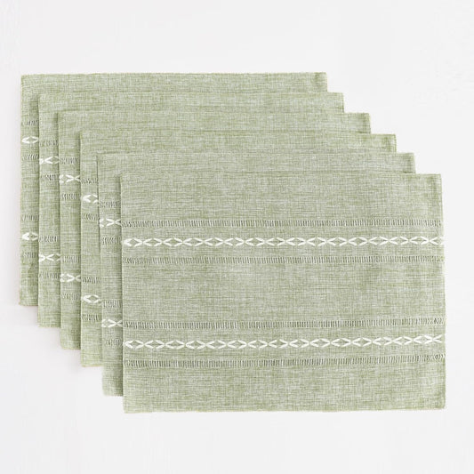 Wracra Cotton Linen Place Mats, Sage Green Embroidered Placemats Set of 6