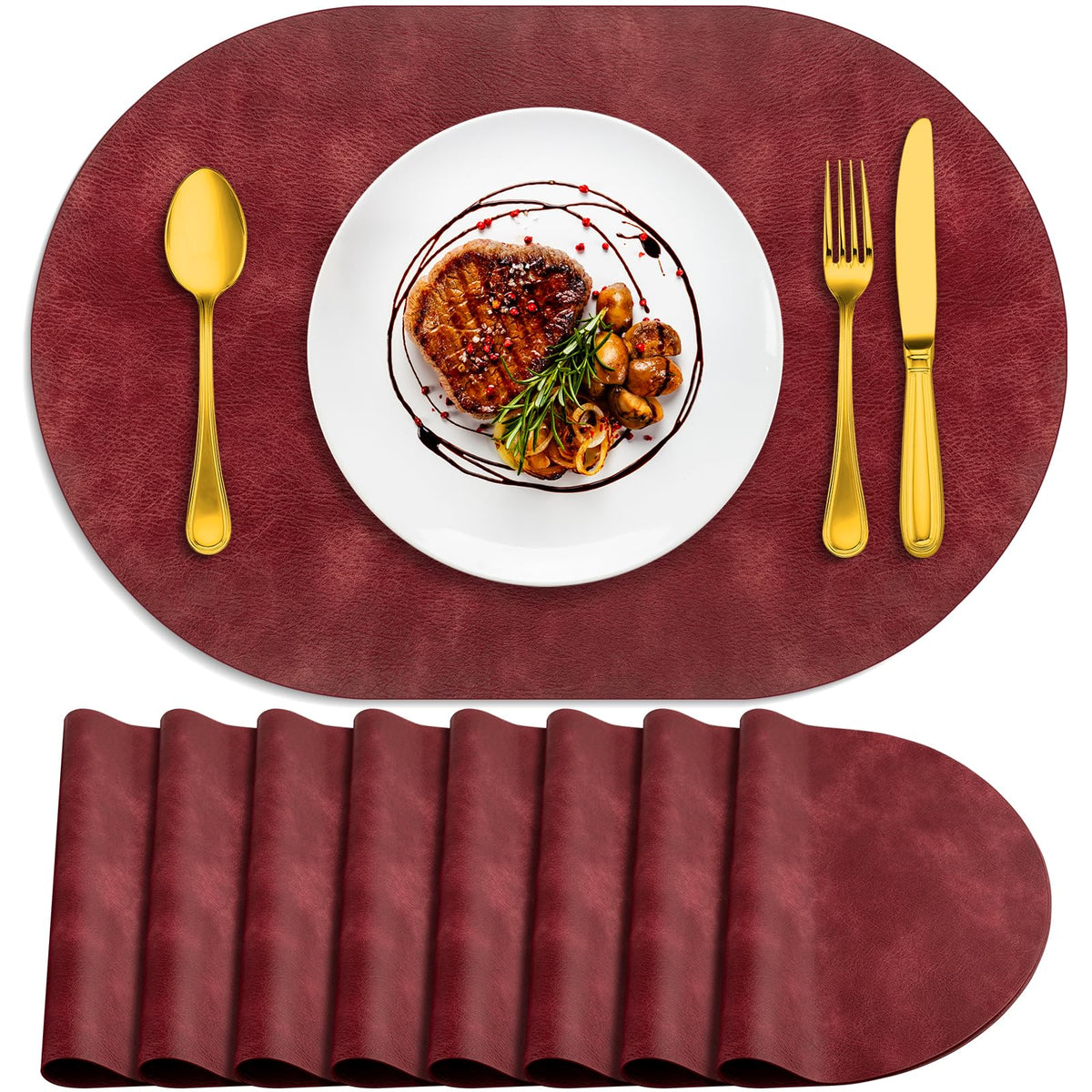 ADRIMER Oval Placemats Set of 4, Wipeable Faux Leather, 4 Colors