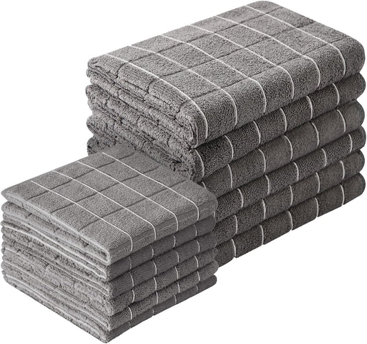 Puomue Microfiber Kitchen Towels and Dishcloths Set, 26 X 18 Inch and 12 X 12 Inch, Set of 12 Bulk Lint Free Dish Towels for Drying Dishes, Grey